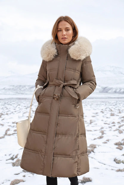 Parka longue femme avec capuche et ceinture à nouer, imperméable