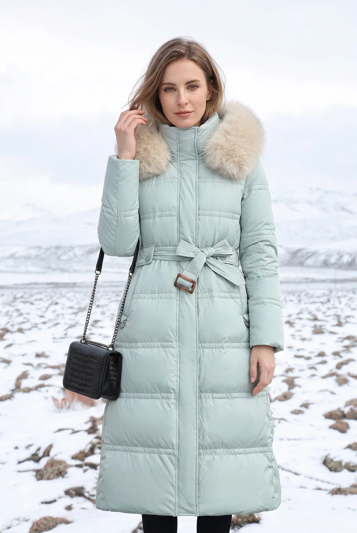 Parka longue femme avec capuche et ceinture à nouer, imperméable