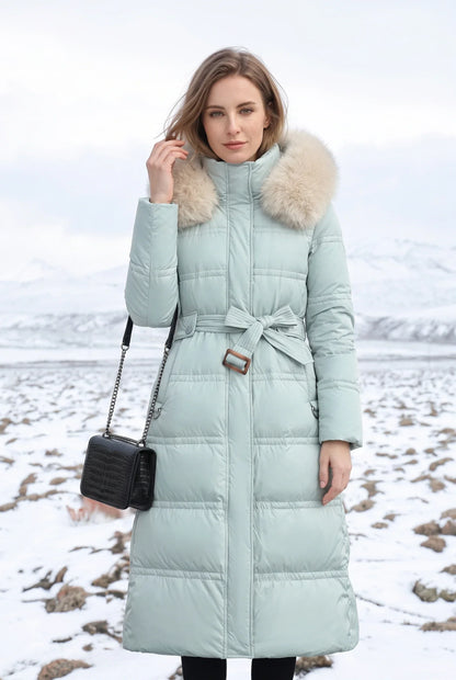 Parka longue femme avec capuche et ceinture à nouer, imperméable