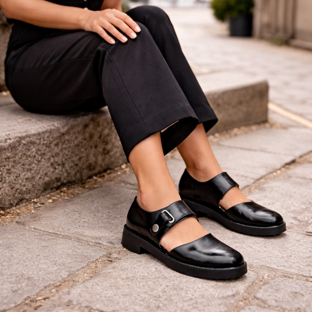 Chaussures Mary Jane pour femmes | Cuir noir, sangle boucle | Ballerines confortables plates