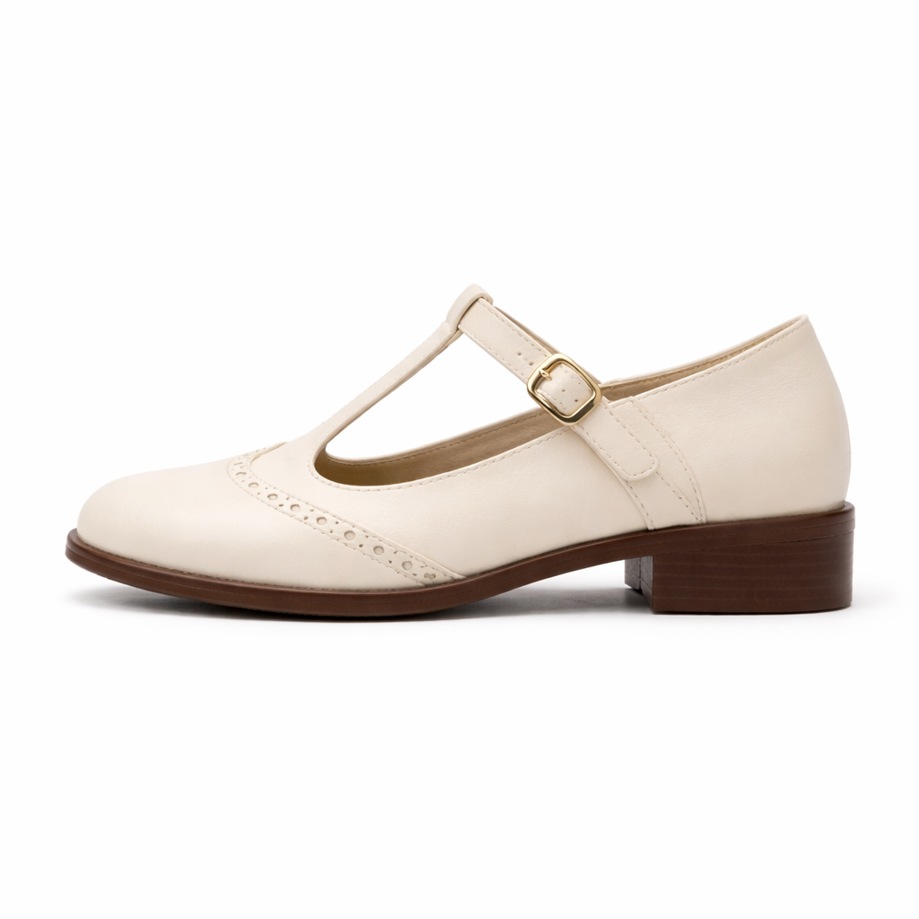 Chaussures Mary Jane pour femmes | T-Strap, talon bas | Détail Brogue