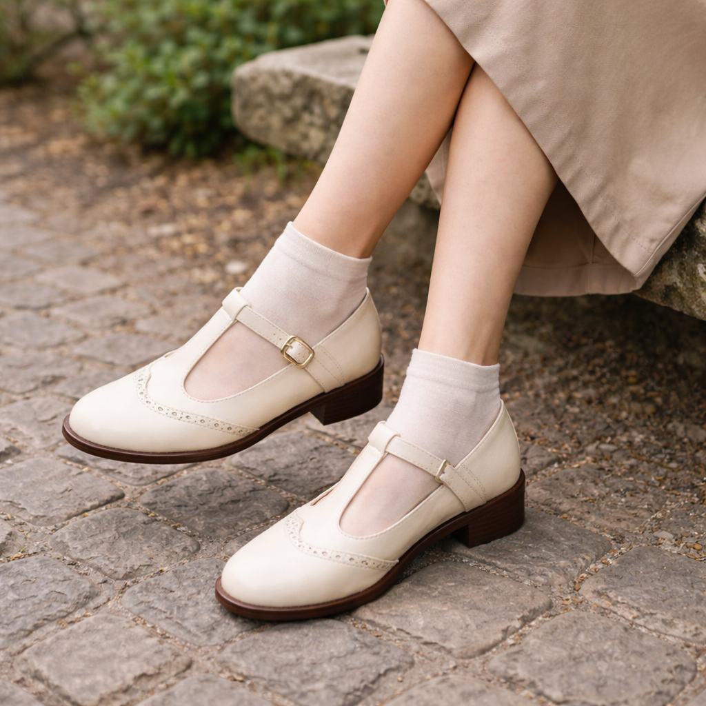 Chaussures Mary Jane pour femmes | T-Strap, talon bas | Détail Brogue