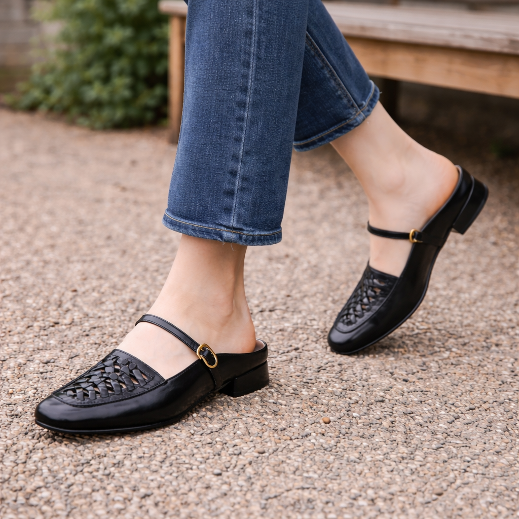 Mules Mary Jane pour femmes cuir tressé bout carré marron noir