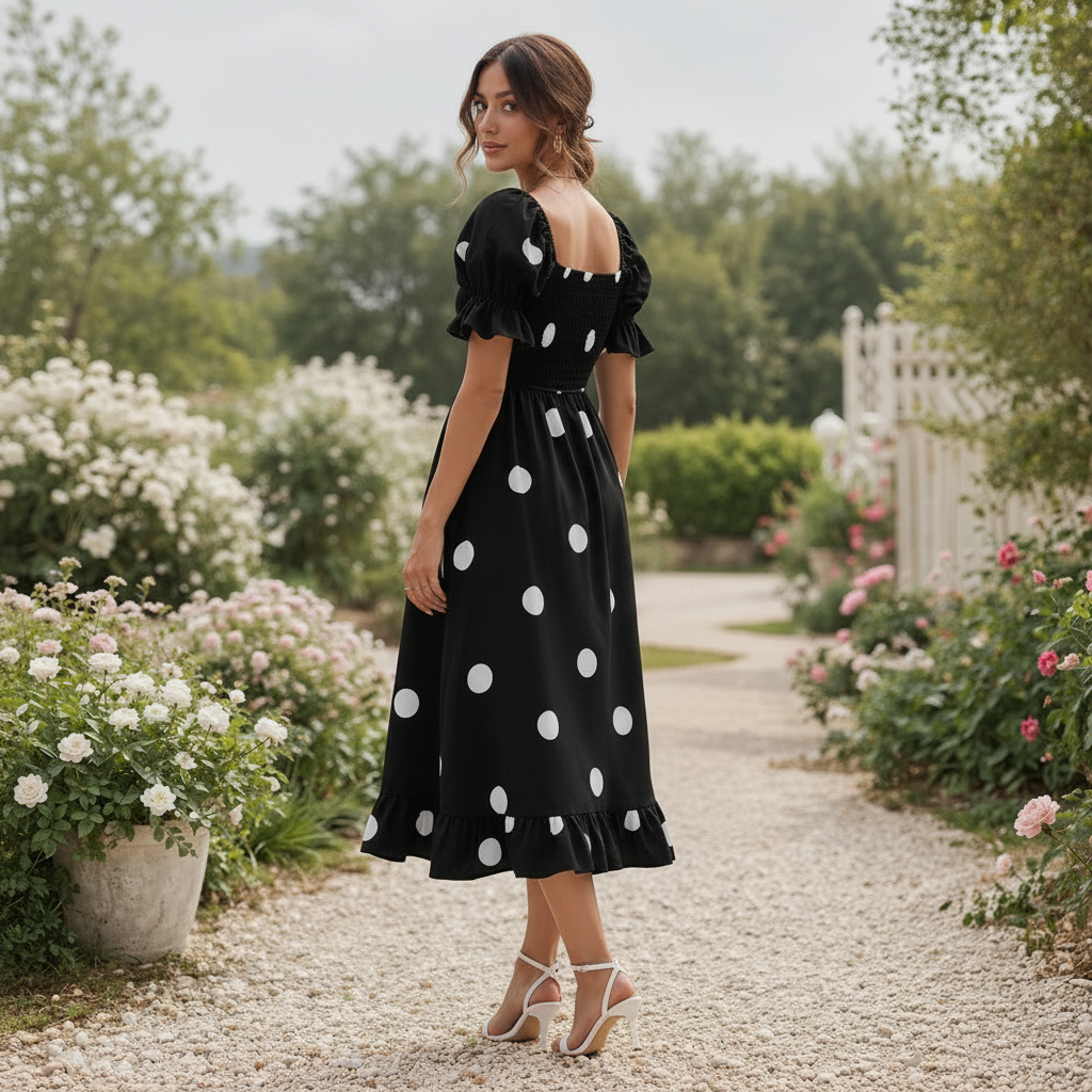 Robe Midi à Pois | Manches Bouffantes Femme | Style Élégant et Fluide