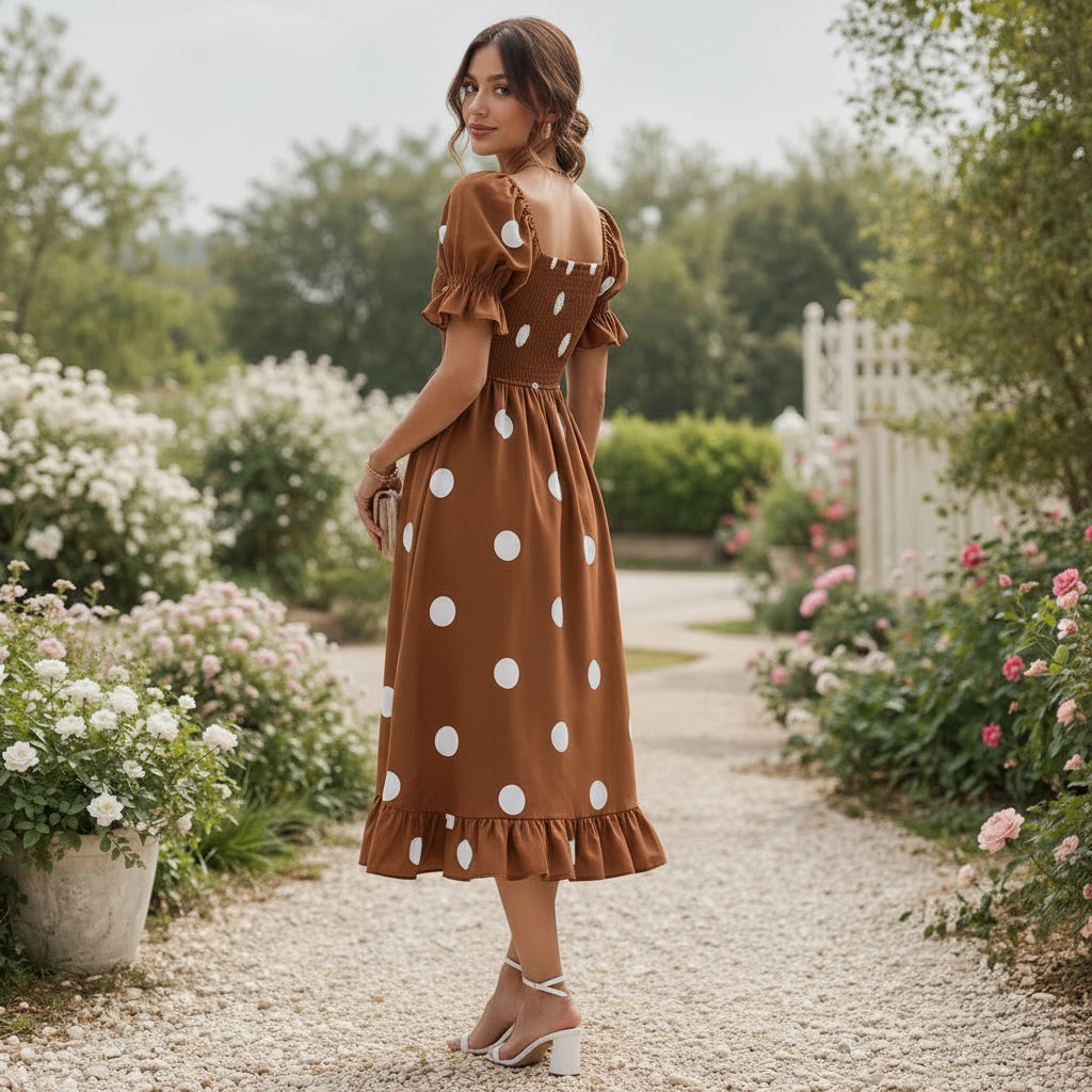 Robe Midi à Pois | Manches Bouffantes Femme | Style Élégant et Fluide