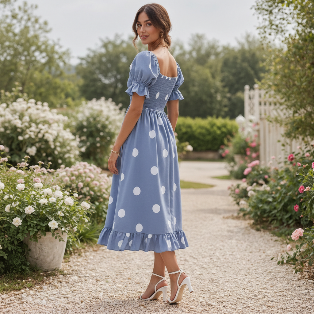 Robe Midi à Pois | Manches Bouffantes Femme | Style Élégant et Fluide