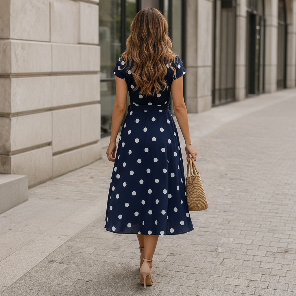 Robe Midi Femme | Pois, Lien Taille | Style Fluide Décontracté