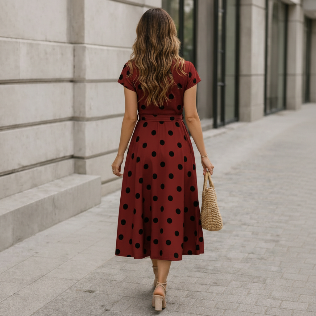 Robe Midi Femme | Pois, Lien Taille | Style Fluide Décontracté