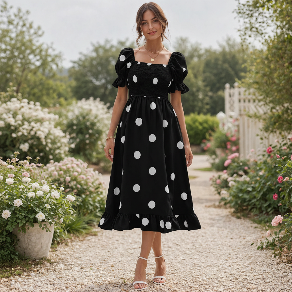 Robe Midi à Pois | Manches Bouffantes Femme | Style Élégant et Fluide