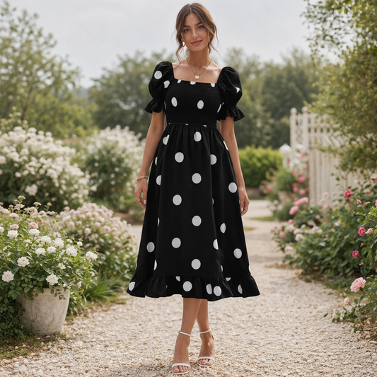 Robe midi à pois avec manches bouffantes - Style élégant et fluide