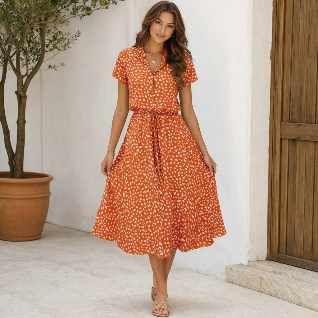 Robe à pois style midi manches courtes tendance