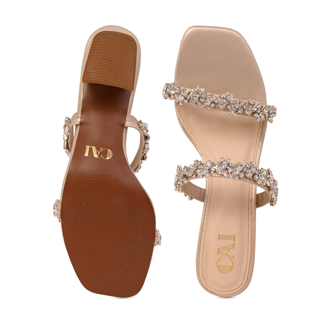 Sandales Femme Talon Bloc | Doré Orné de Cristaux