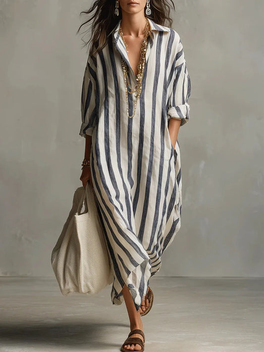 Robe Maxi Femme | Lin Rayé, Encolure V