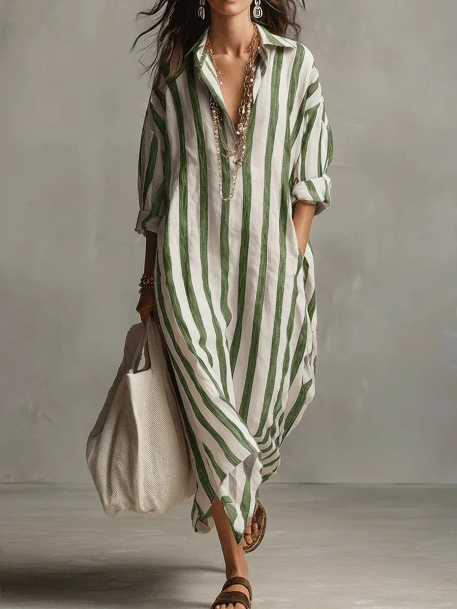 Robe Maxi Femme | Lin Rayé, Encolure V