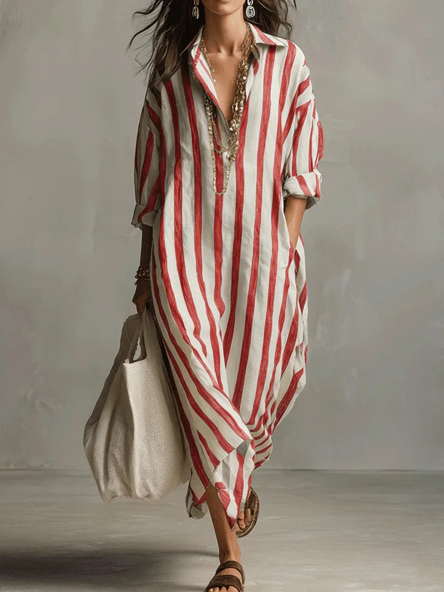 Robe Maxi Femme | Lin Rayé, Encolure V