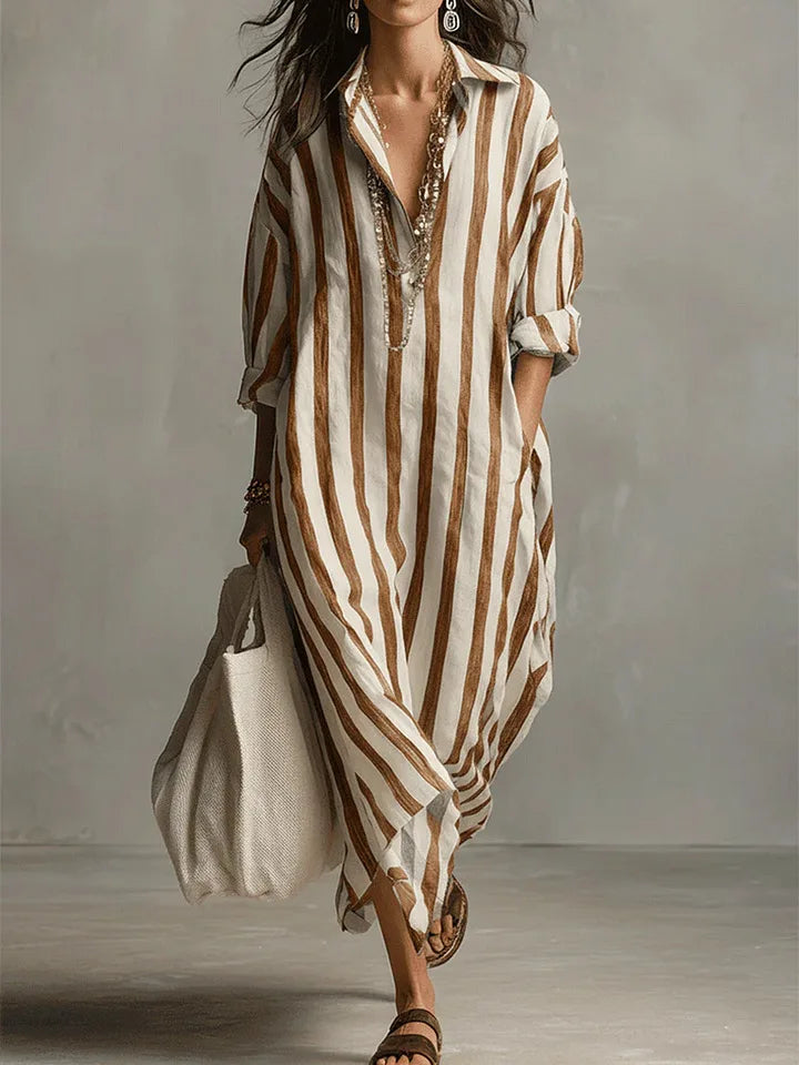 Robe Maxi Femme | Lin Rayé, Encolure V