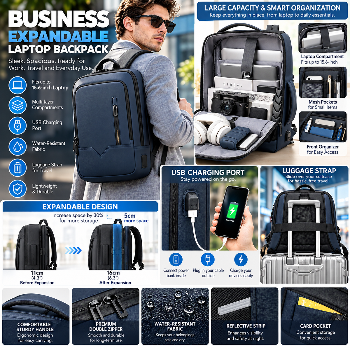 Zaino per computer | Uomo, impermeabile | 17 pollici, grande capacità, USB