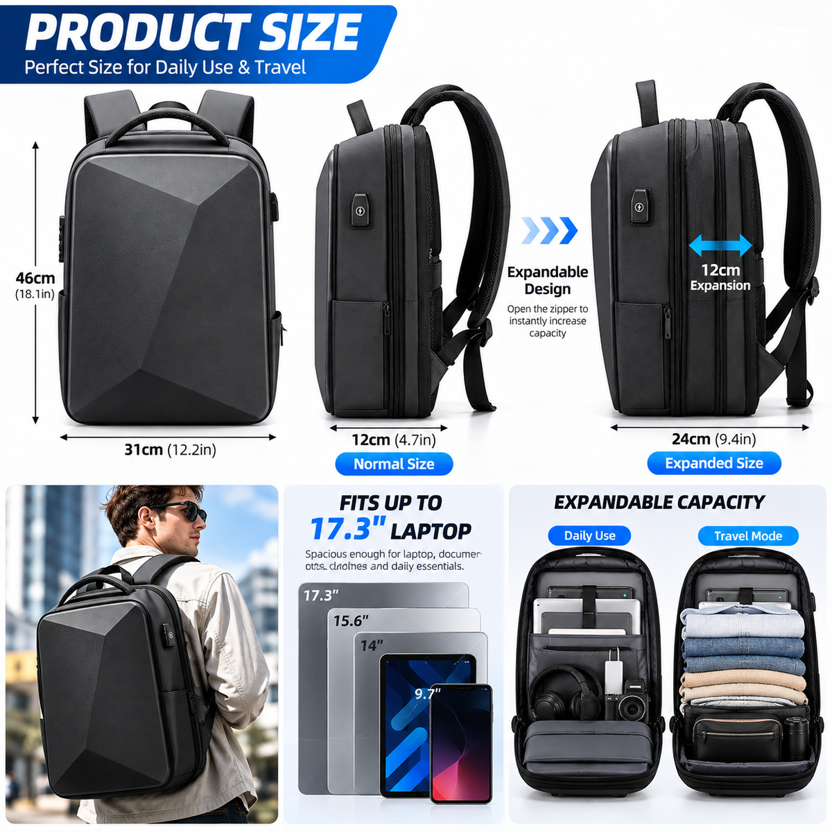 Laptop-Rucksack | Herren, diebstahlsicher, wasserdicht | 15 Zoll, USB-Anschluss