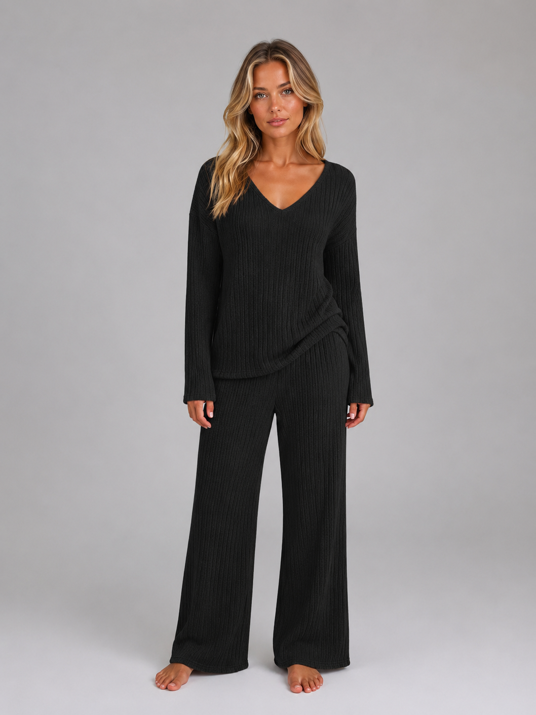 Ensemble loungewear femme tricoté col V pantalon large coupe relaxed
