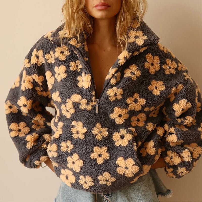 Veste teddy fleece femme oversize fleurie avec demi-zip et col montant