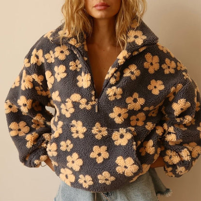 Veste teddy fleece femme oversize fleurie avec demi-zip et col montant