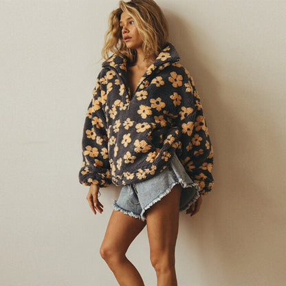 Veste teddy fleece femme oversize fleurie avec demi-zip et col montant