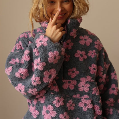 Veste teddy fleece femme oversize fleurie avec demi-zip et col montant