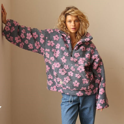 Veste teddy fleece femme oversize fleurie avec demi-zip et col montant