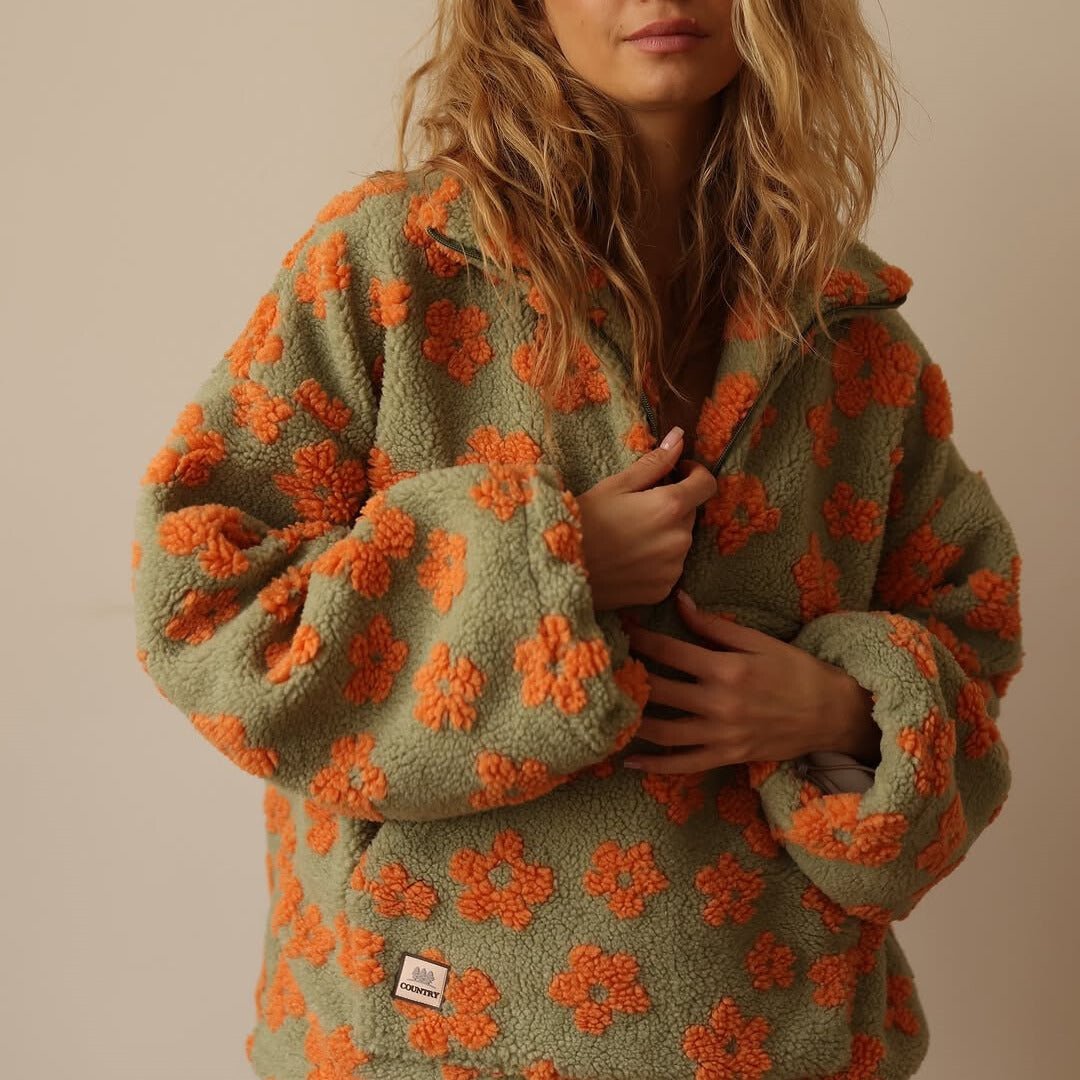 Veste teddy fleece femme oversize fleurie avec demi-zip et col montant