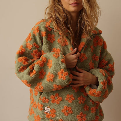 Veste teddy fleece femme oversize fleurie avec demi-zip et col montant