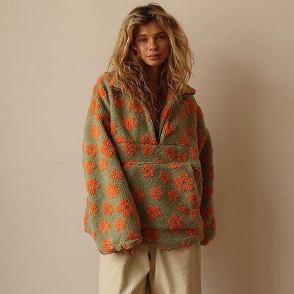 Veste teddy fleece femme oversize fleurie avec demi-zip et col montant