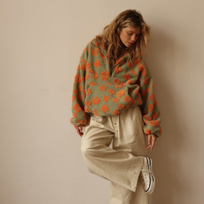 Veste teddy fleece femme oversize fleurie avec demi-zip et col montant
