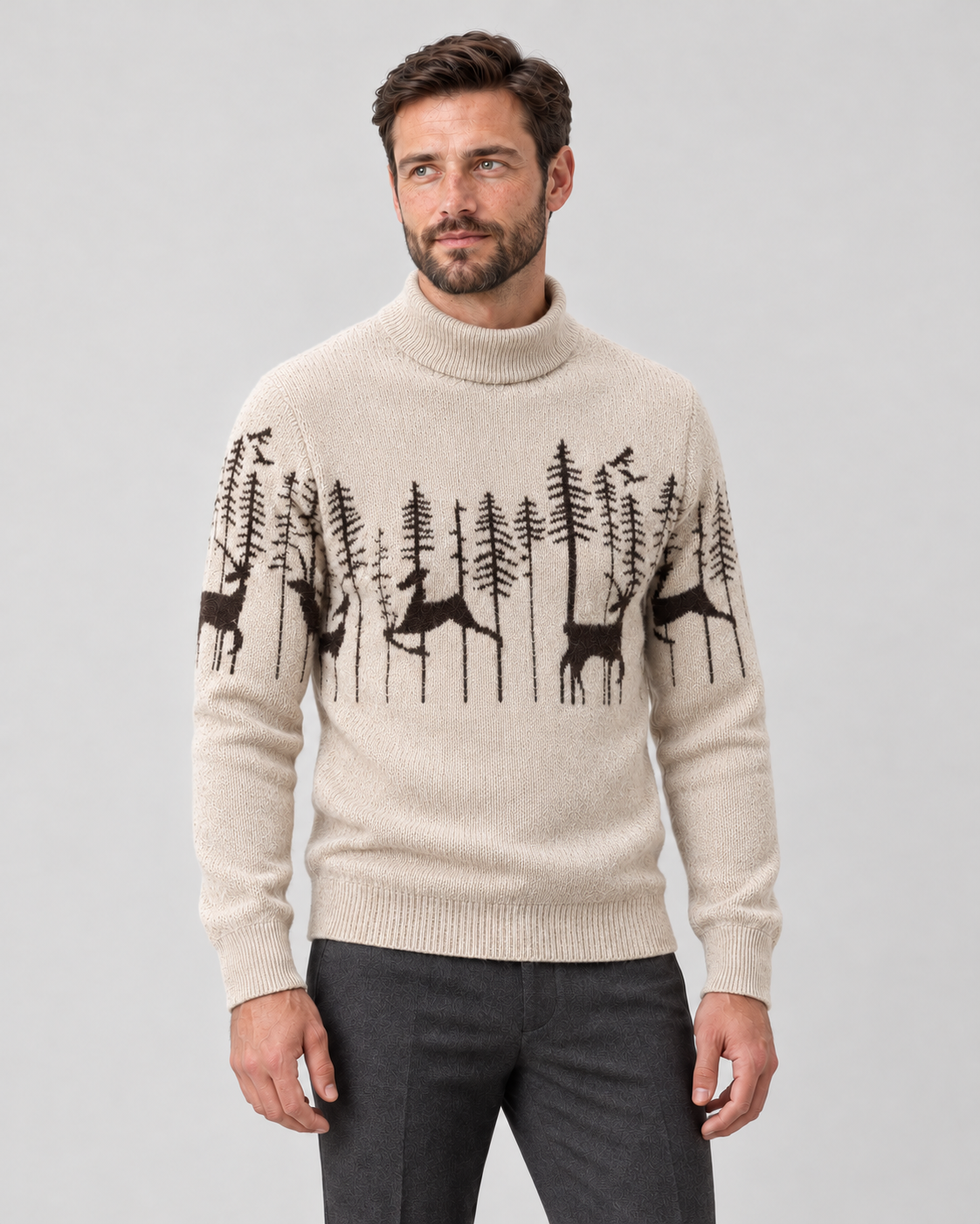 Pull de noël homme jacquard renne avec col montant et motif sapin