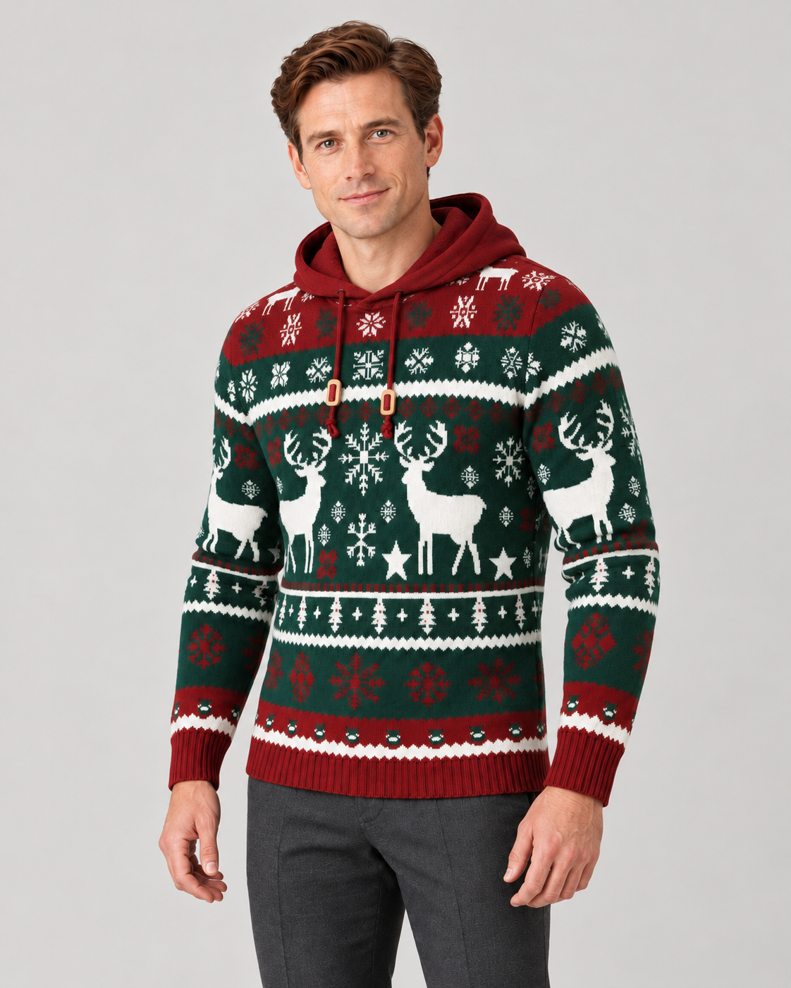 Pull de noël homme jacquard renne avec capuche, maille douce motif Fair Isle