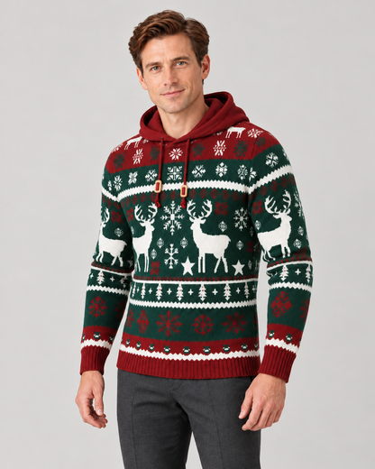 Pull de noël homme jacquard renne avec capuche, maille douce motif Fair Isle