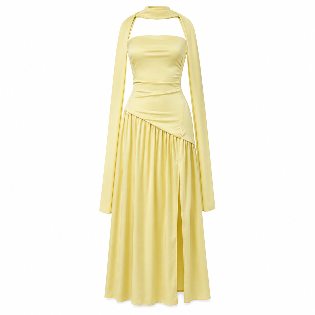 Robe de soirée maxi sans bretelles taille asymétrique fente haute