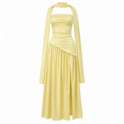 Robe de soirée maxi sans bretelles taille asymétrique fente haute