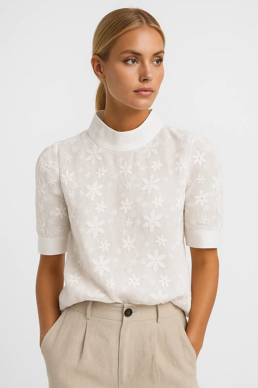 Chemisier femme brodé | Manches courtes, Floral | Blanc