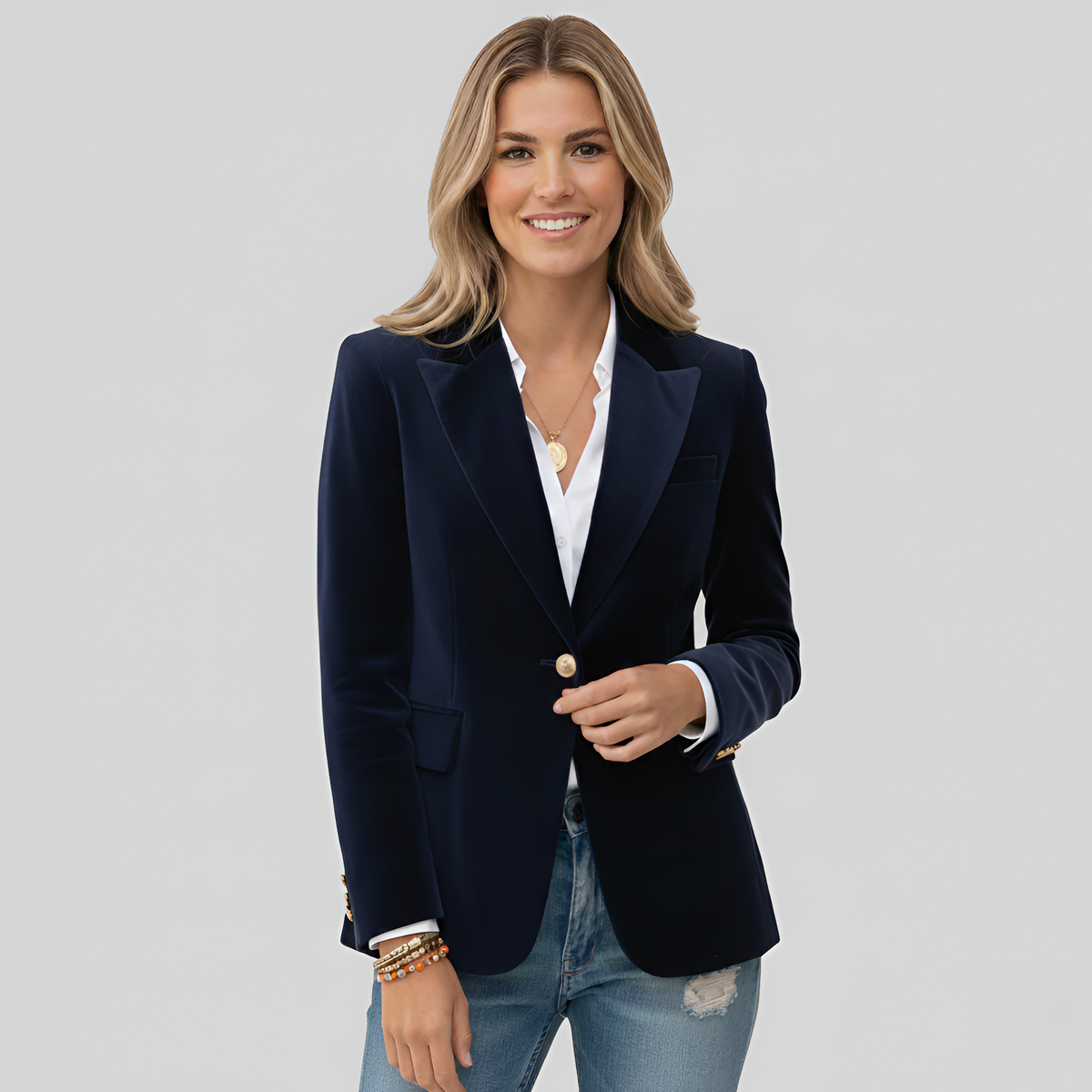 Blazer velours femme cintré avec col tailleur et bouton unique, velours doux
