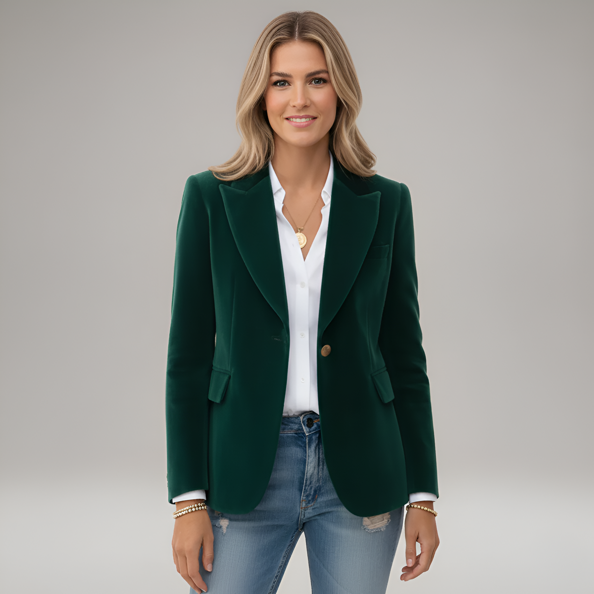 Blazer velours femme cintré avec col tailleur et bouton unique, velours doux