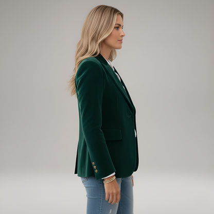 Blazer velours femme cintré avec col tailleur et bouton unique, velours doux