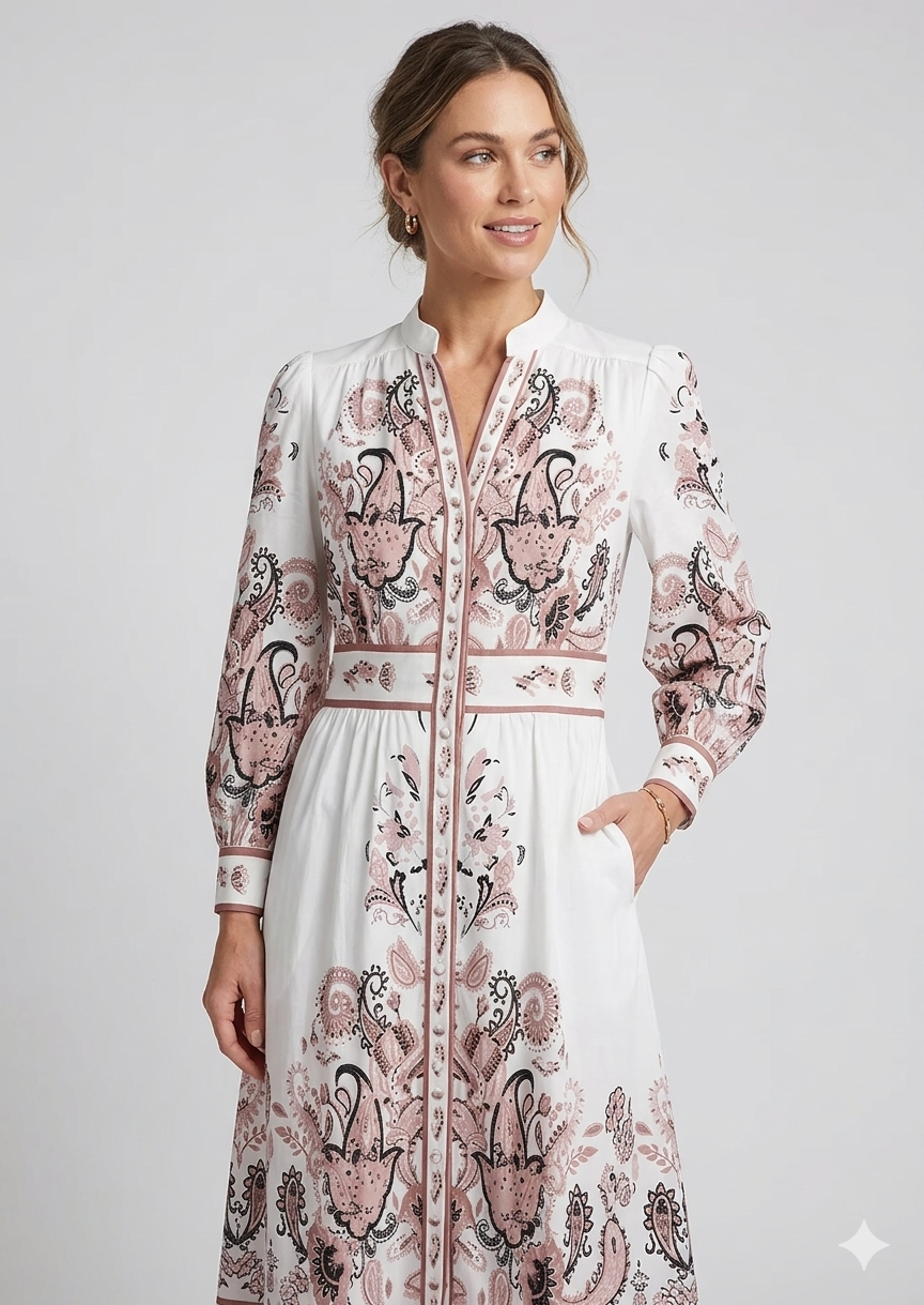 Robe Imprimée Femme | Motif Cachemire, Col V | Manches Longues, Coupe Élégante