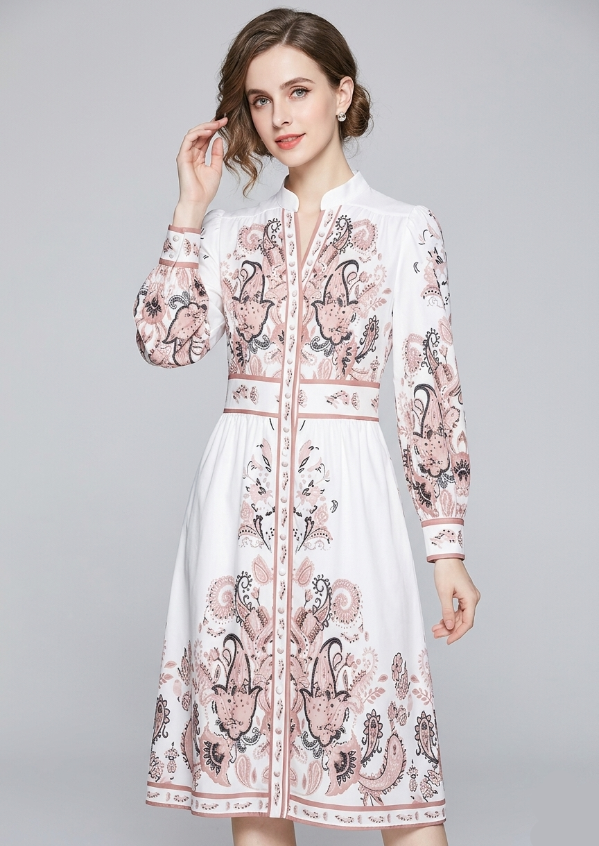 Robe Imprimée Femme | Motif Cachemire, Col V | Manches Longues, Coupe Élégante