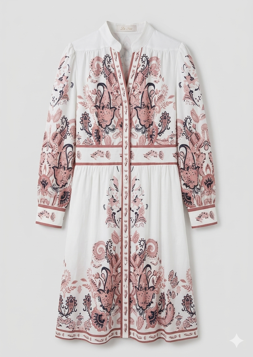 Robe Imprimée Femme | Motif Cachemire, Col V | Manches Longues, Coupe Élégante
