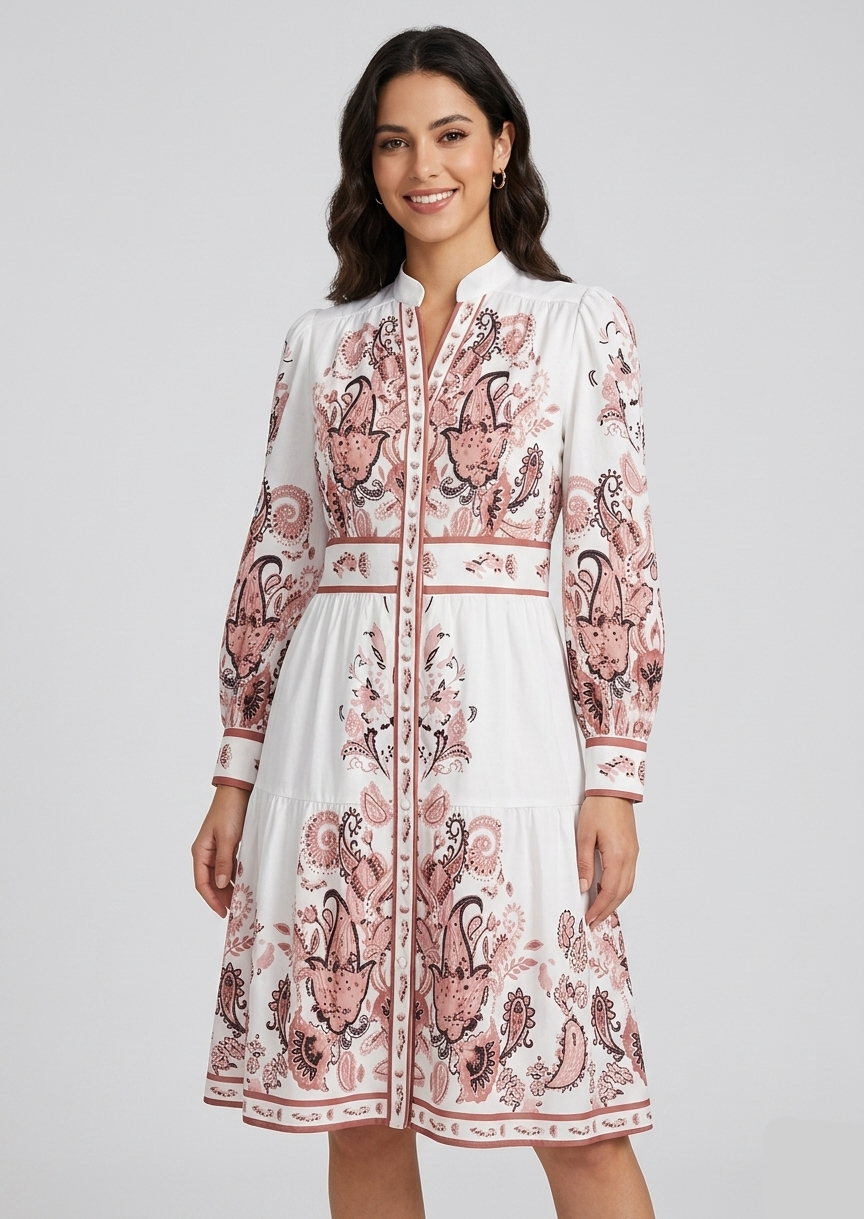 Robe Imprimée Femme | Motif Cachemire, Col V | Manches Longues, Coupe Élégante