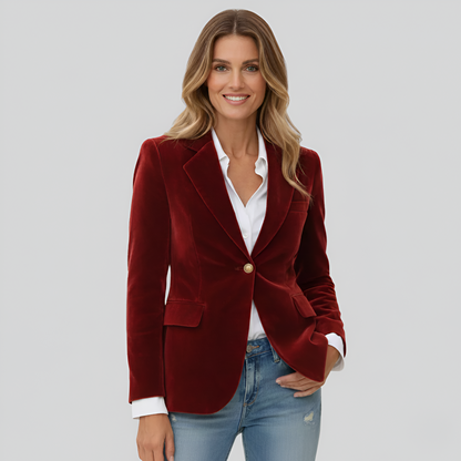 Blazer velours femme cintré avec col tailleur et bouton unique, velours doux