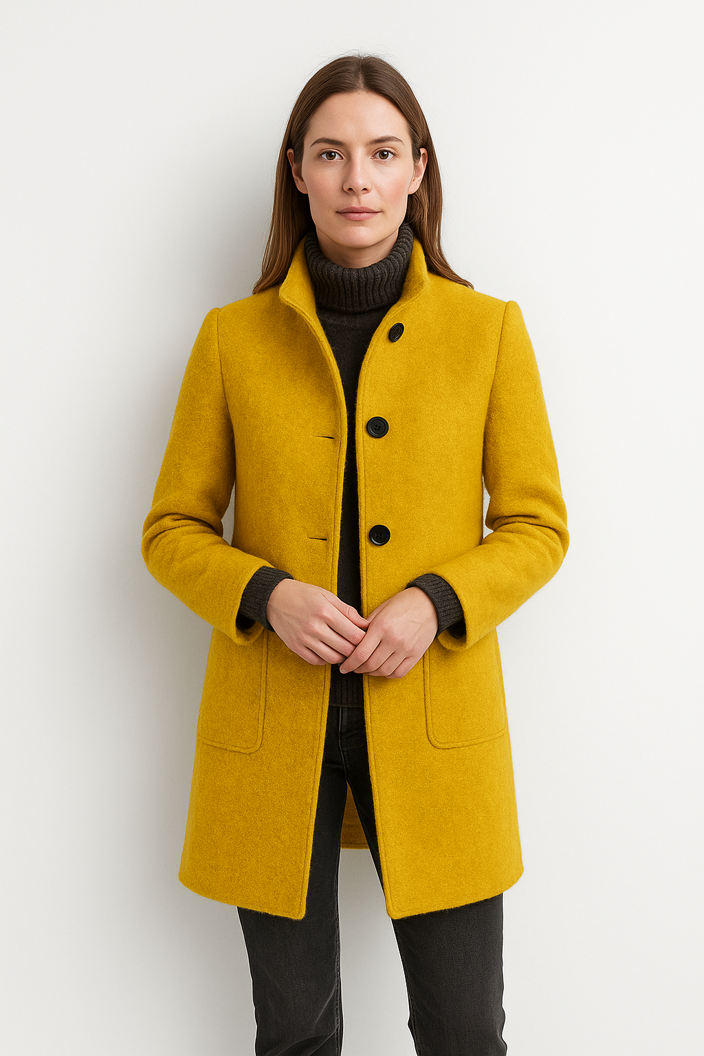 Manteau long femme hiver col montant boutonnage coupe cintrée