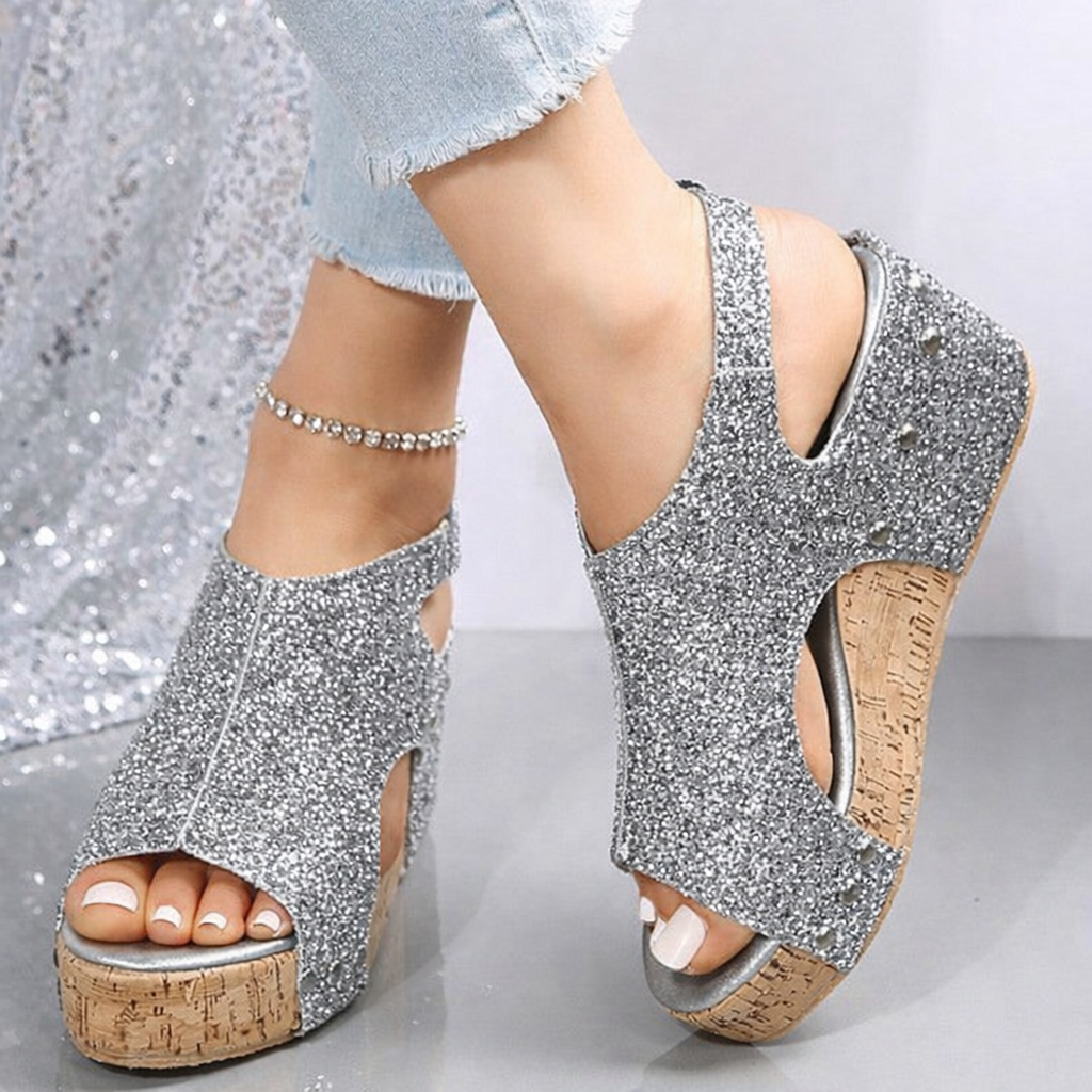 Sandales pour femmes bout ouvert patchwork paillettes confort casual