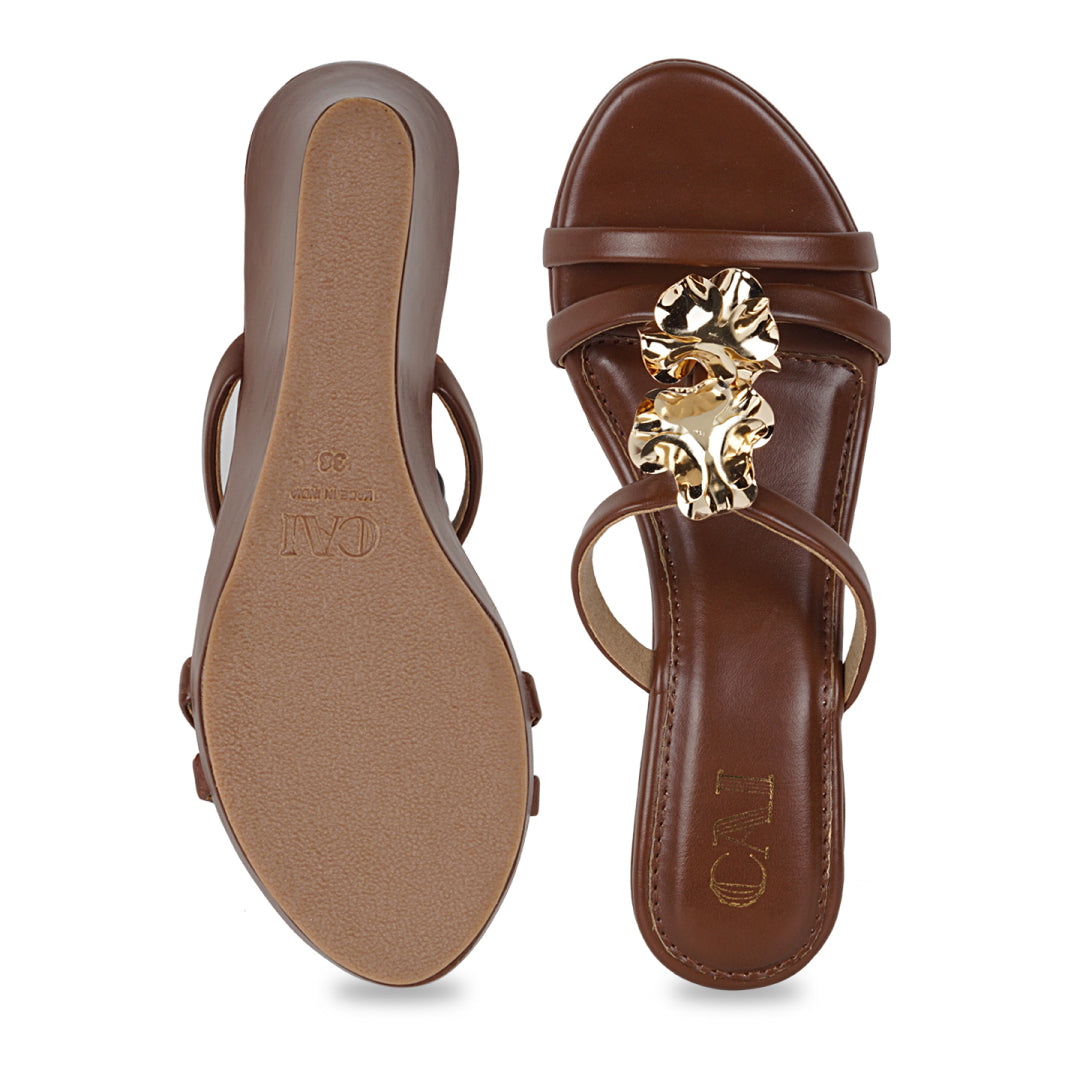 Sandales compensées femme | Tan, lanière fleur or | Confort été