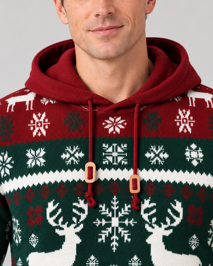 Pull de noël homme jacquard renne avec capuche, maille douce motif Fair Isle